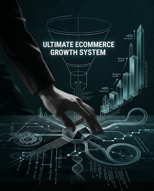 Hand interacting with digital display showing ecommerce growth system and conversion charts