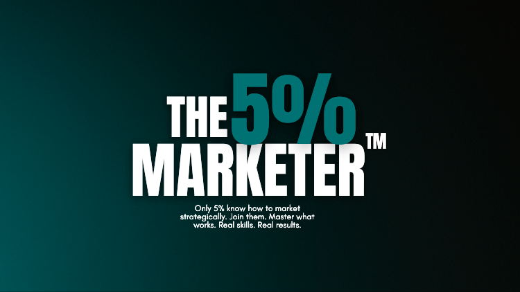 The 5% Marketer text on a dark gradient background, business marketing strategy concept