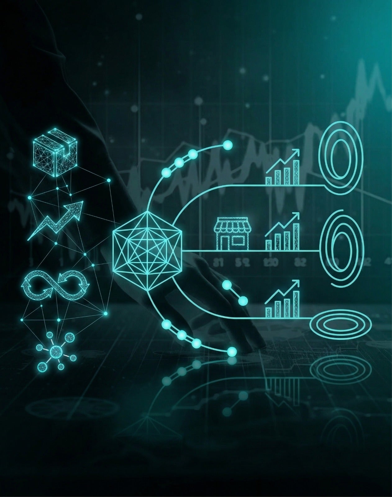 Hand interacting with digital marketing strategy icons, data charts, and growth symbols