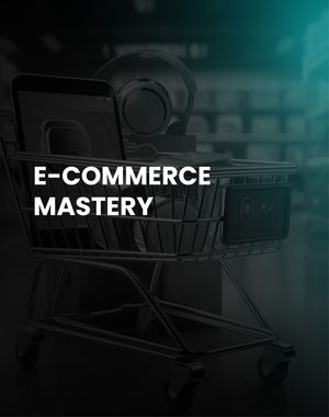 Shopping cart with digital devices and e-commerce mastery text, online business concept